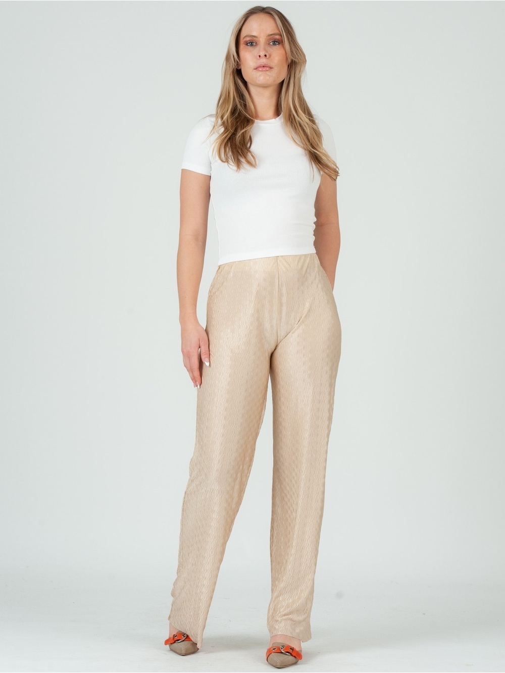 LUCCA Women's High-Rise Wide Leg Textured Pull on Pants in Beige Size Large